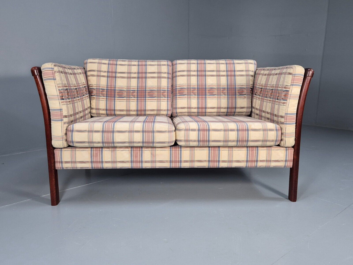 Vintage Danish 2 Seat Sofa Tartan Cotton Wood Frame Stouby 1980s MCM EB8598 M2SS