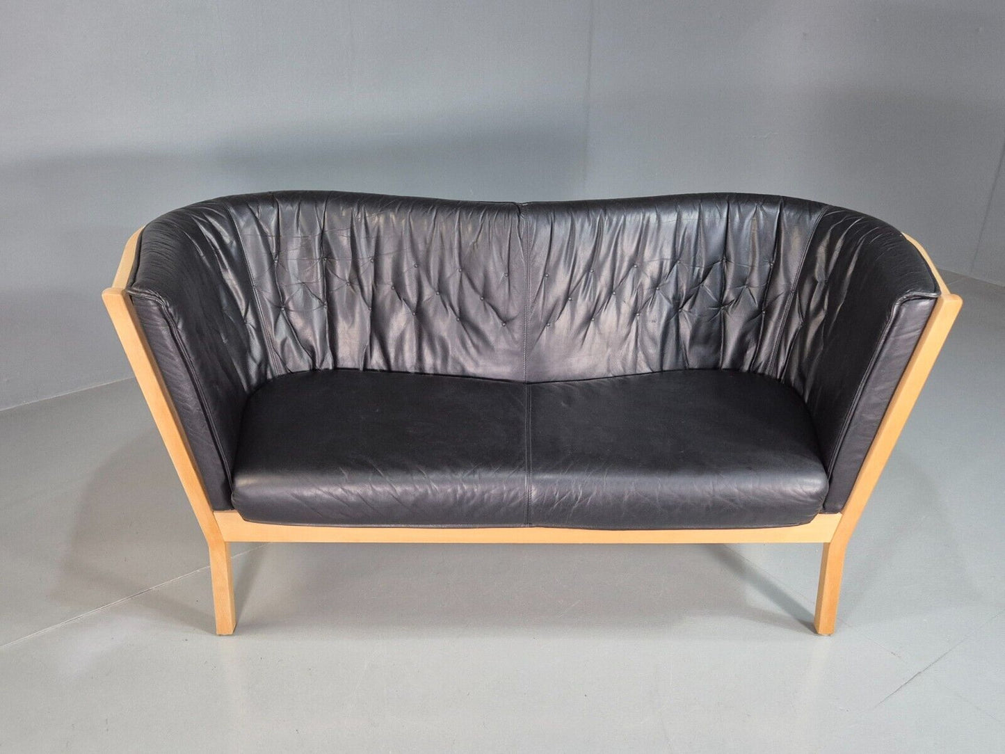 Vintage Danish 2 Seat Sofa Black Leather Beech Stouby Retro MCM EB7447 M2SS