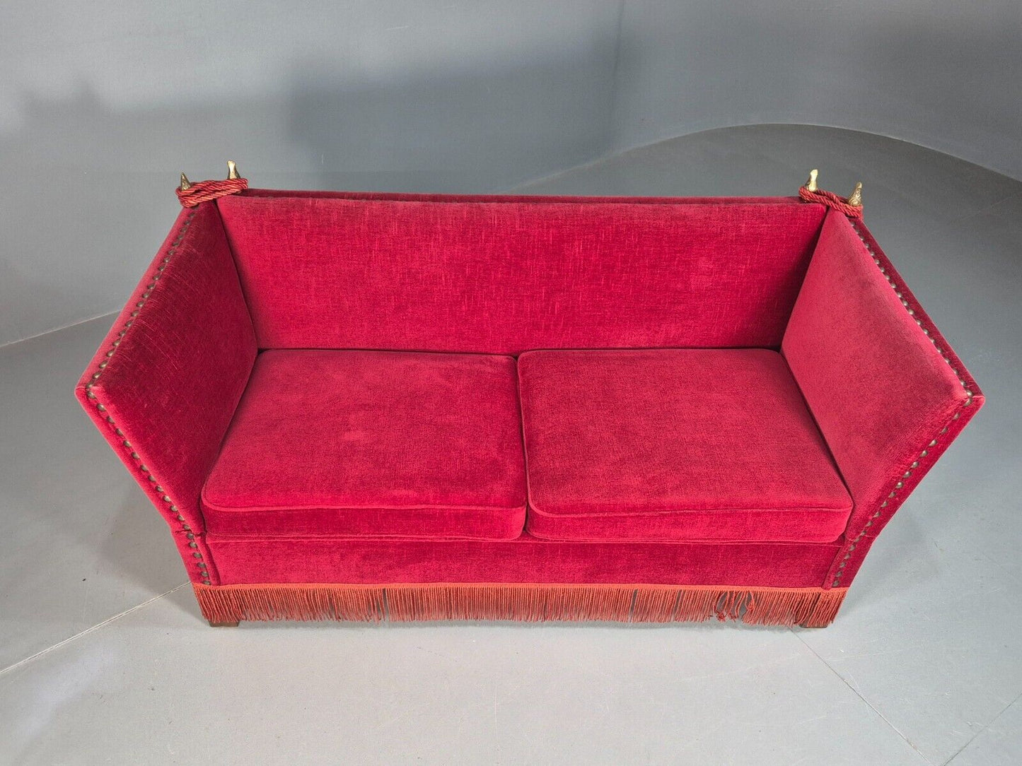 Vintage Danish Drop Arm Knoll Style 2 Seat Sofa Red Velour EB8063 V2SS