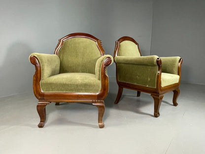 EB6659 2 Vintage Danish Lounge Chairs Green Velour Mahogany Antique Empire VCLO