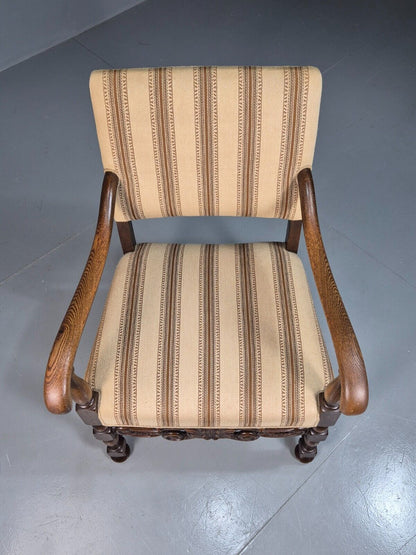 Vintage Danish Elbow Chair Cream Stripe Oak Frame 1950s Repro EB8084 VDIN