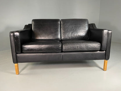 EB6641 Vintage Danish 2 Seat Sofa Black Leather Mogensen Style Retro MCM M2SS