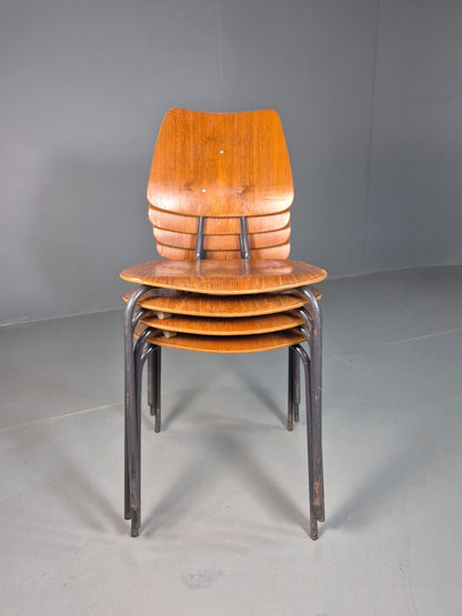 4 Vintage Danish Stacking Chairs Teak Plywood Steel Frame 1960 Retro EB8365 MSTA