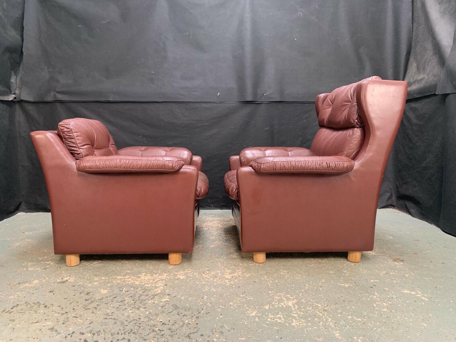 EB1730 Pair of Danish Brown Leather High & Low Back Lounge Chairs Vintage VLEA - UKDK FURNITURE