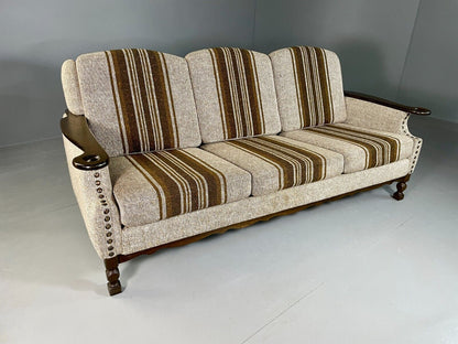 EB6735 Vintage Danish 3 Seat Sofa Cream and Green Wool Oak Frame Retro 1970 M3SS