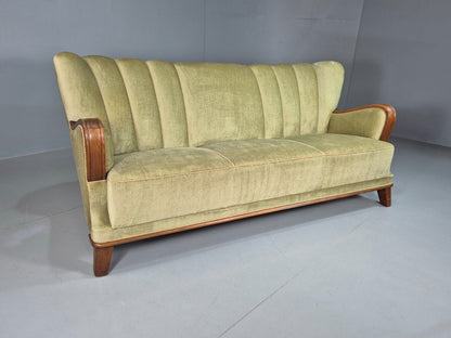 Vintage Danish 3 Seat Sofa Green Velour Oak Detail Art Deco 1930s EB7828 M3SS