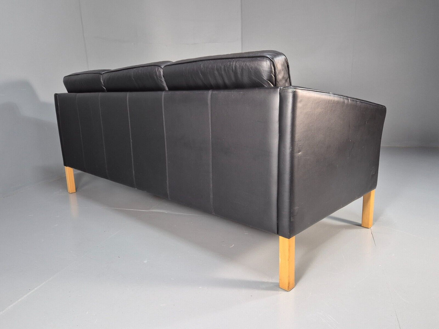 Vintage Danish 3 Seat Sofa Black Leather Straight back Arm Retro MCM EB8622 M3SS