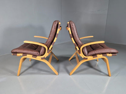 EB7572 2 Vintage Danish Lounge Chairs Leather Bentwood Farstrup Retro MCM MBEN