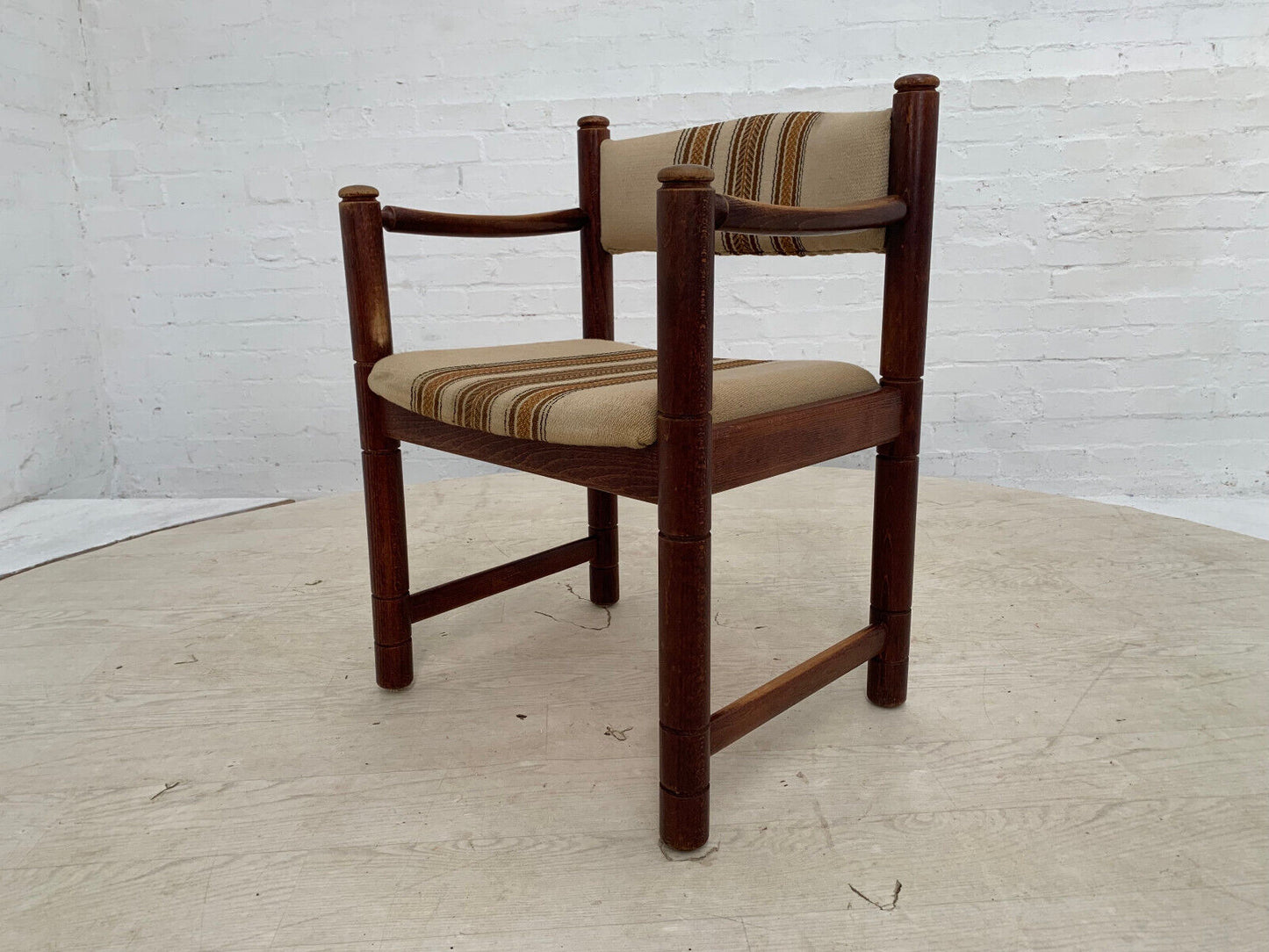 EB3476 Danish Stained Beech & Brown Striped Wool Elbow Chair Retro Vintage MDIN