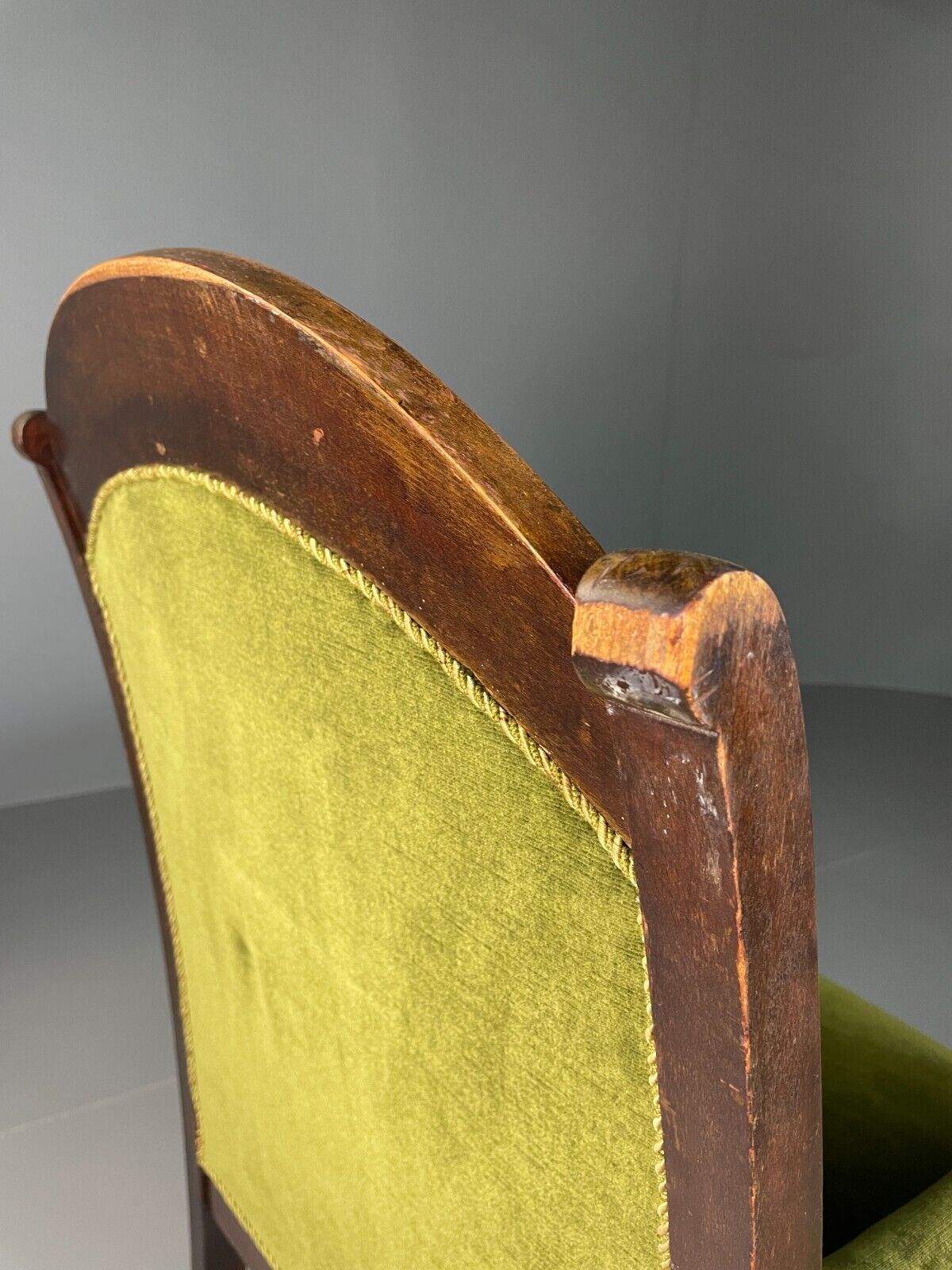 EB6469 Antique Danish Armchair Green Velour Stained Oak Vintage VCLO