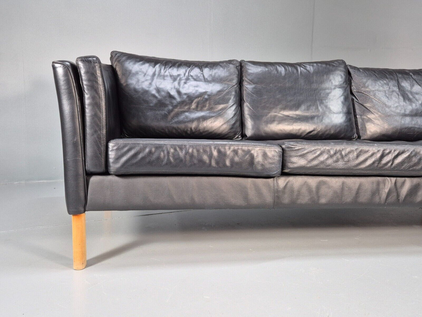 Vintage Danish 3 Seat Sofa Black Leather and Vinyl Straight Back EB8616 M3SS