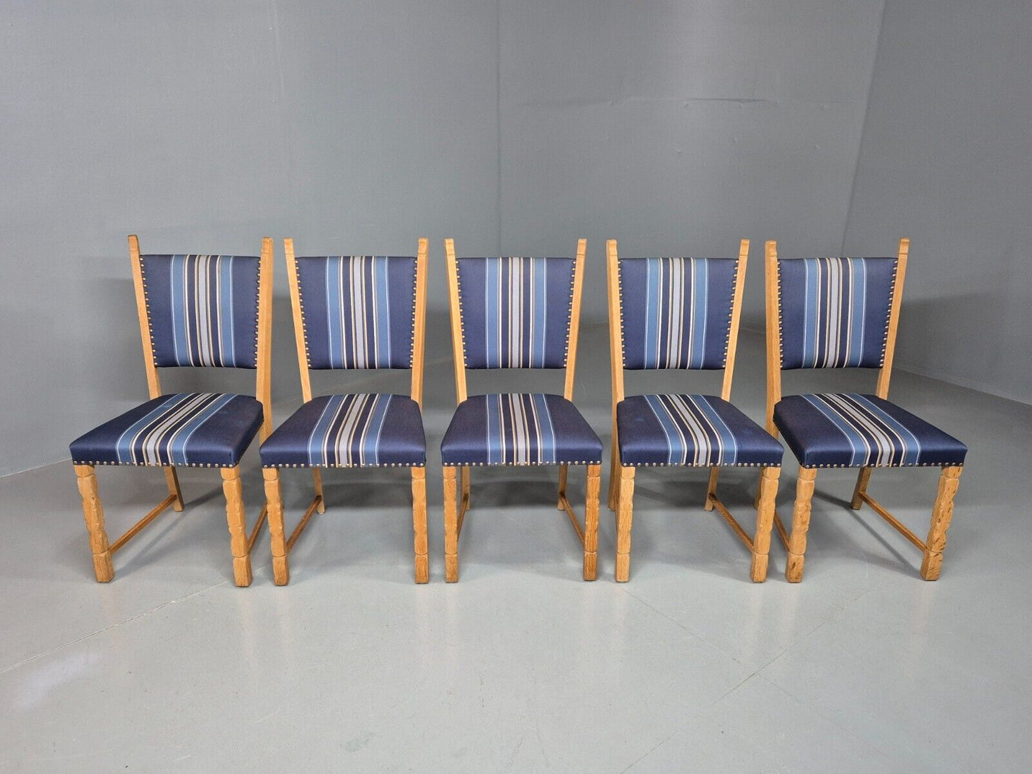 5 Vintage Danish Dining Chairs Blue Wool Oak Frames Kjaernulf Style EB8300 MDIN