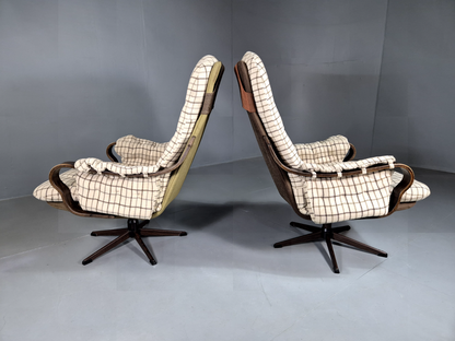 2 Vintage Swivel Chairs Cream Checkered Wool Bentwood Retro MCM EB7192 MBEN