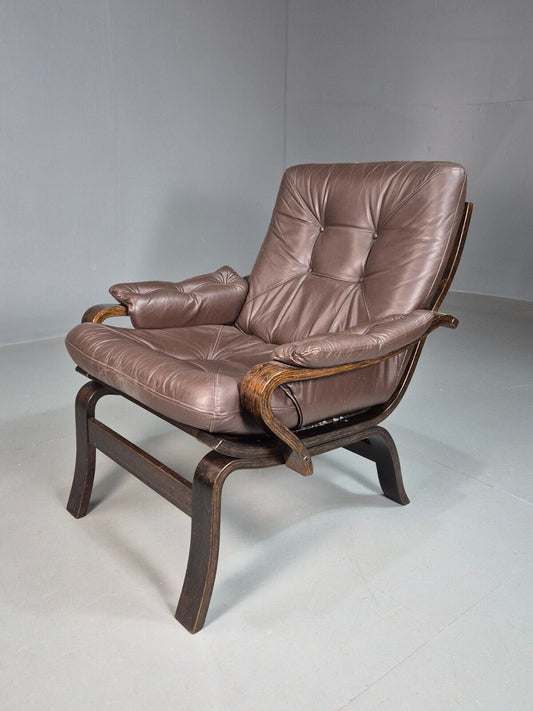 Vintage Danish Lounge Chair, Brown Leather Bentwood Frame, 1980s MCM EB8222 MNOR