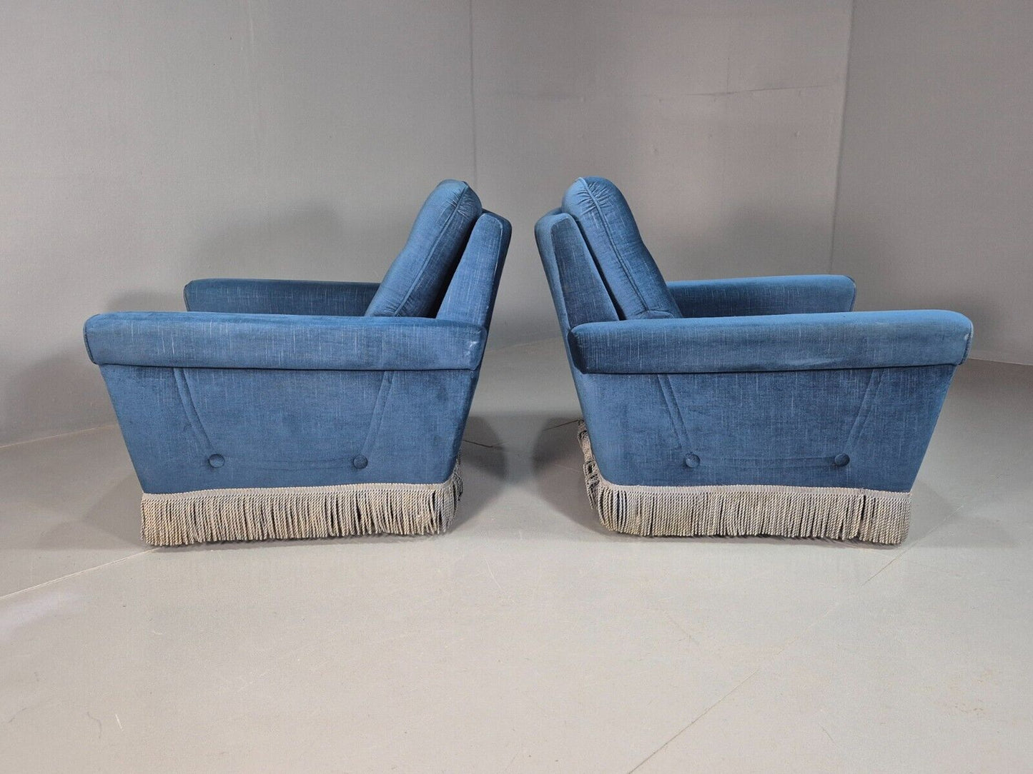 Pair Vintand Danish Blue Velour Armchairs Tassels Chrome Retro EB8021 MNOR