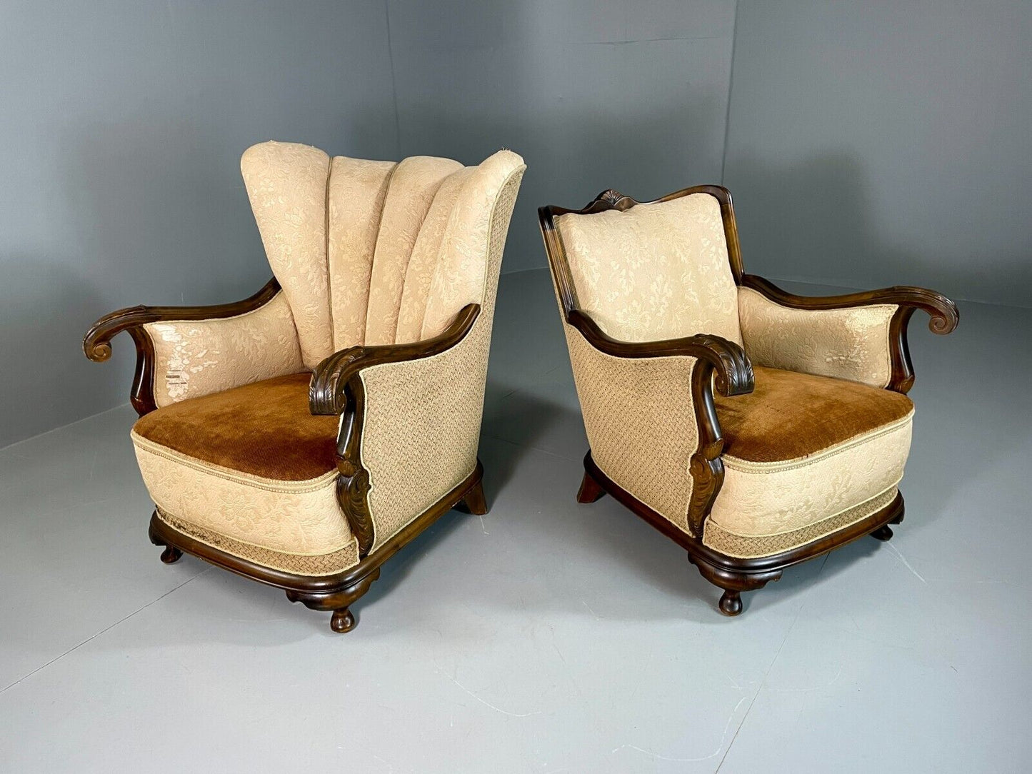 EB6395 2 Vintage Danish Lounge Chairs Antique Deco Cabriole Leg Brocade VCLO