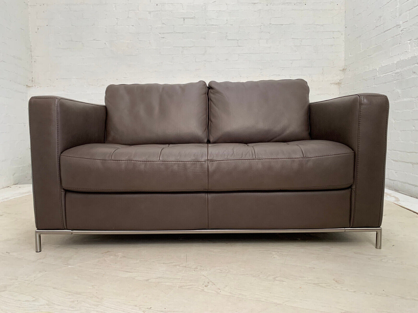 Dark Brown Leather Two Seat Sofa with Steel Base Mid-Century Modern EB3378 M2SS