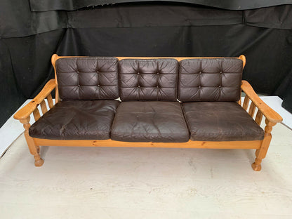 EB2335 Danish Pine 3 Seater Brown Leather Sofa 1970 Vintage Retro M3SS