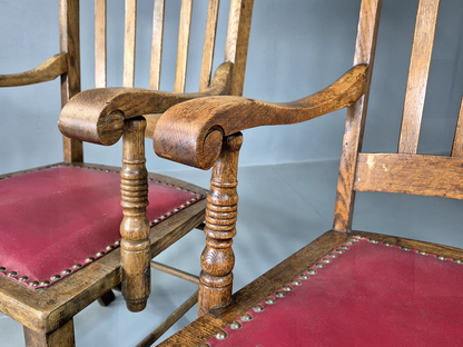 2 Vintage Elbow Chairs Red Leatherette Oak 1920s Retro EB7393 VLEA