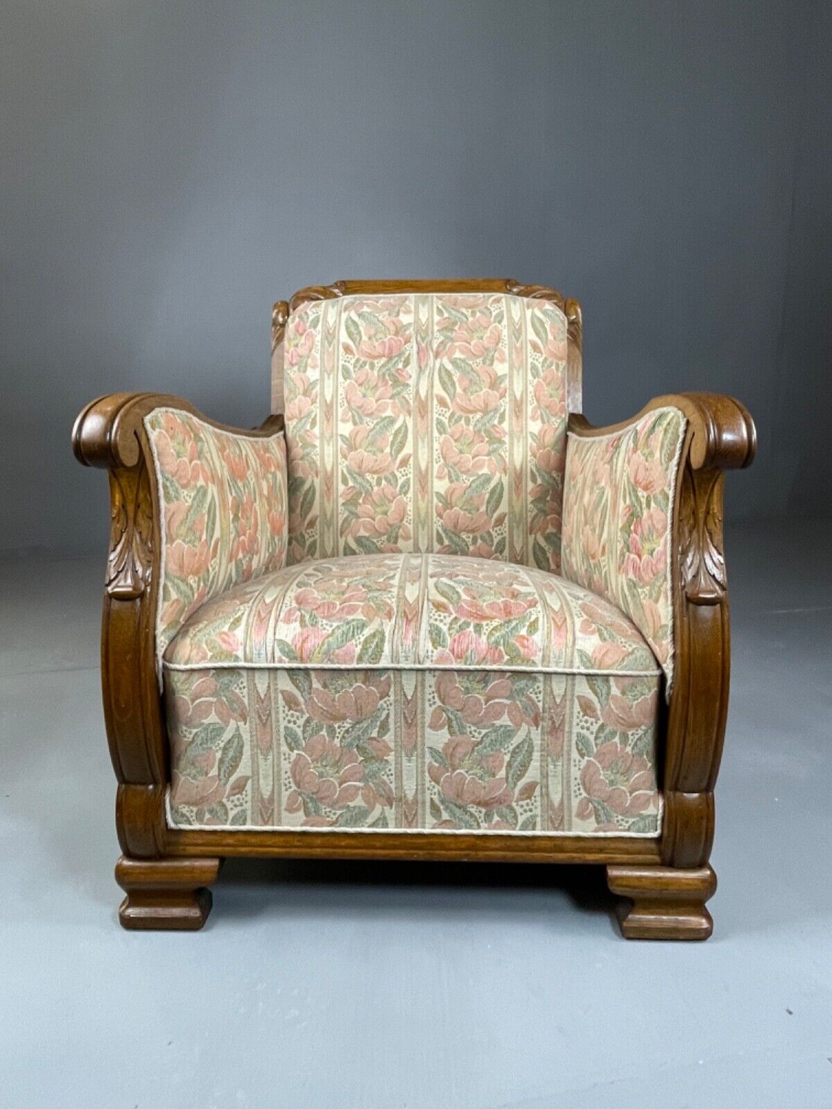 EB4510 Danish Circa 1930s Oak Framed Floral Upholstered Armchair, Retro, VCAR