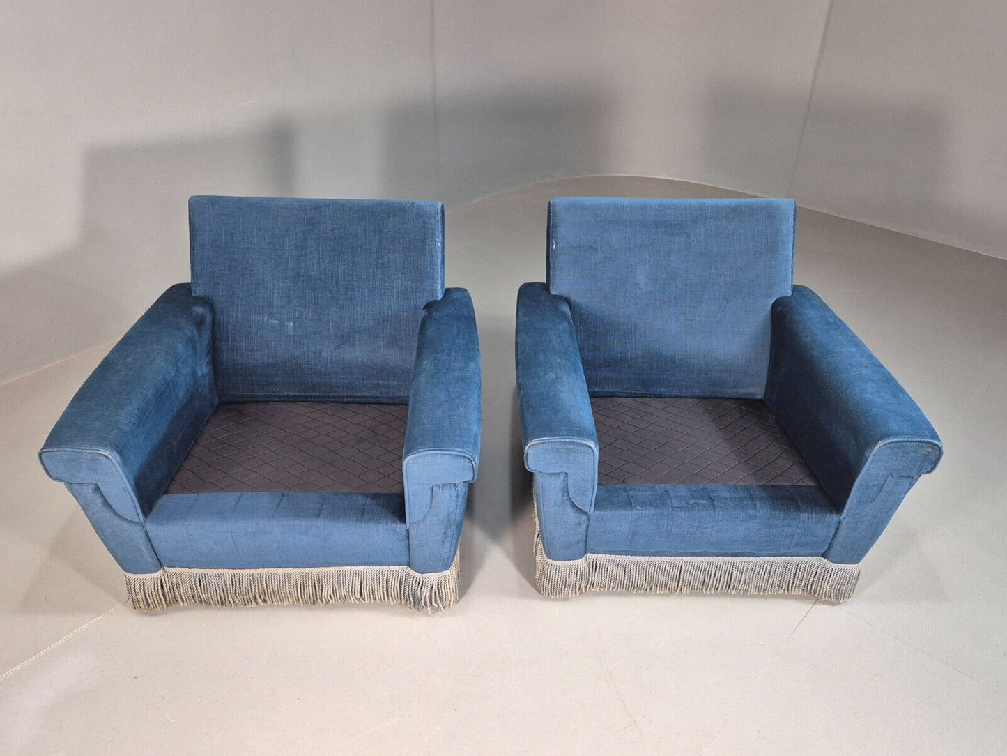 Pair Vintand Danish Blue Velour Armchairs Tassels Chrome Retro EB8021 MNOR