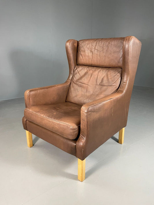 EB6623 Vintage Danish Lounge Chair Brown Leather Wing Back Retro MCM MNOR