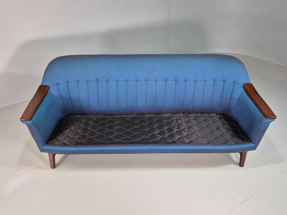 Vintage Swedish 3 Seat Sofa Blue Cotton Wood Arms 1960 Retro MCM EB7594 M3SS