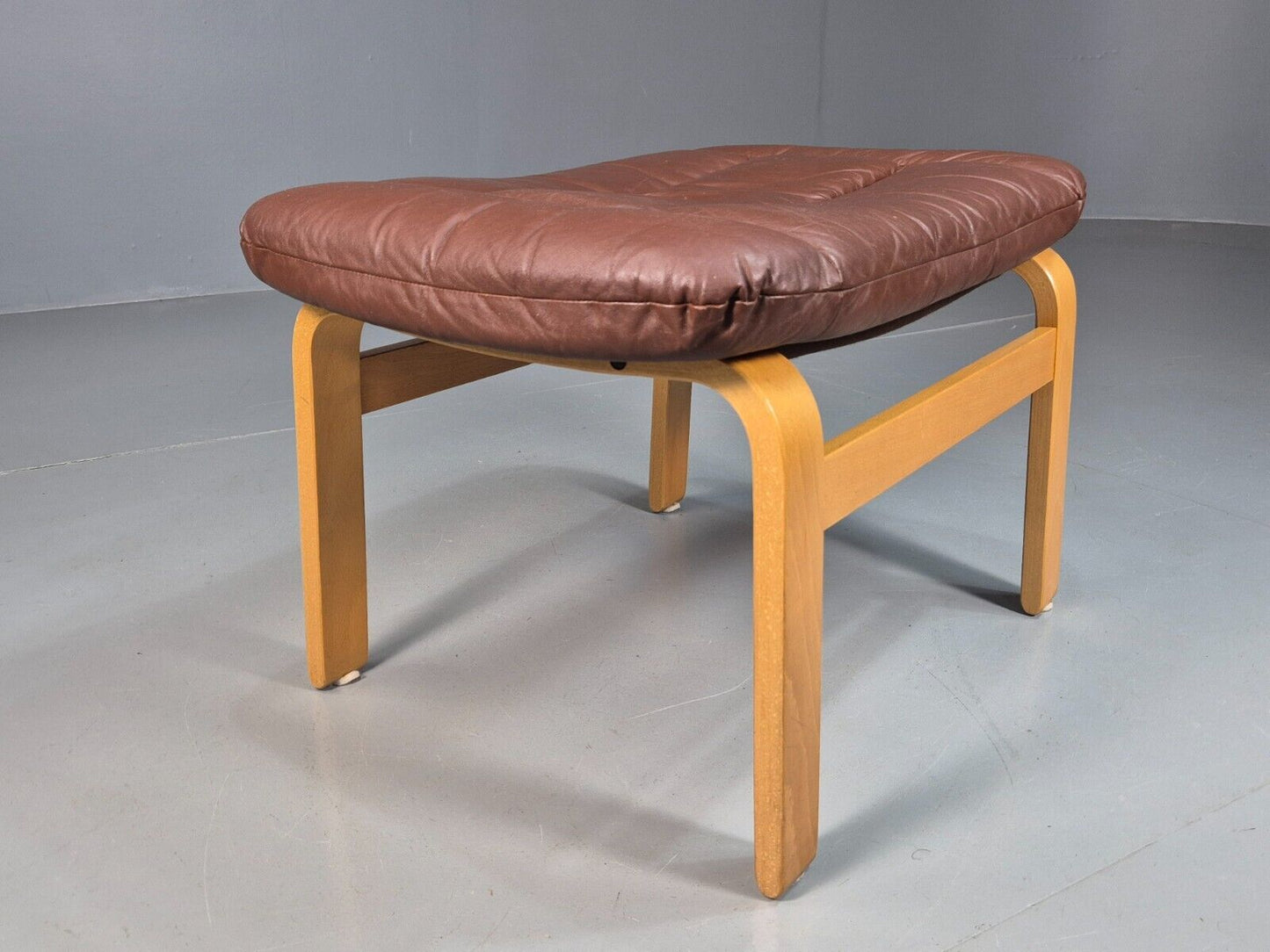 Vintage Danish Footstool Brown Leather Blonde Bentwood Retro MCM EB7884 MFOO