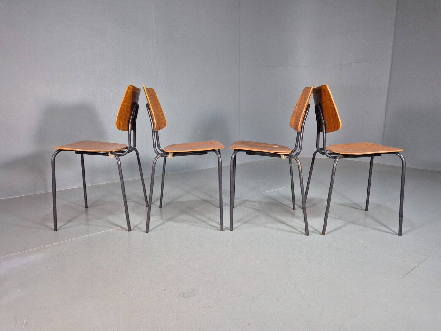 4 Vintage Danish Stacking Chairs Teak Plywood Steel Frame 1960 Retro EB8376 MSTA