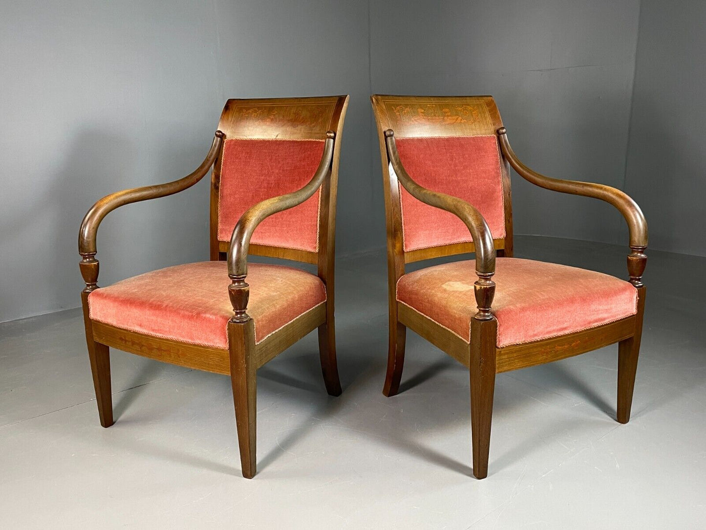 EB6727 2 Vintage Danish Lounge Chairs Beech Wood Pink Velour Antique Empire VCLO