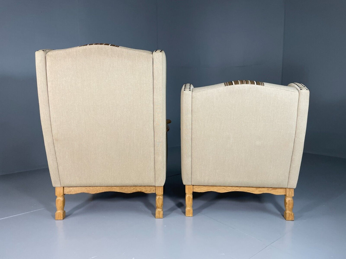 EB6491 Vintage Danish Pair of Armchairs Oak Frame Cream and Brown Fabric VCLO