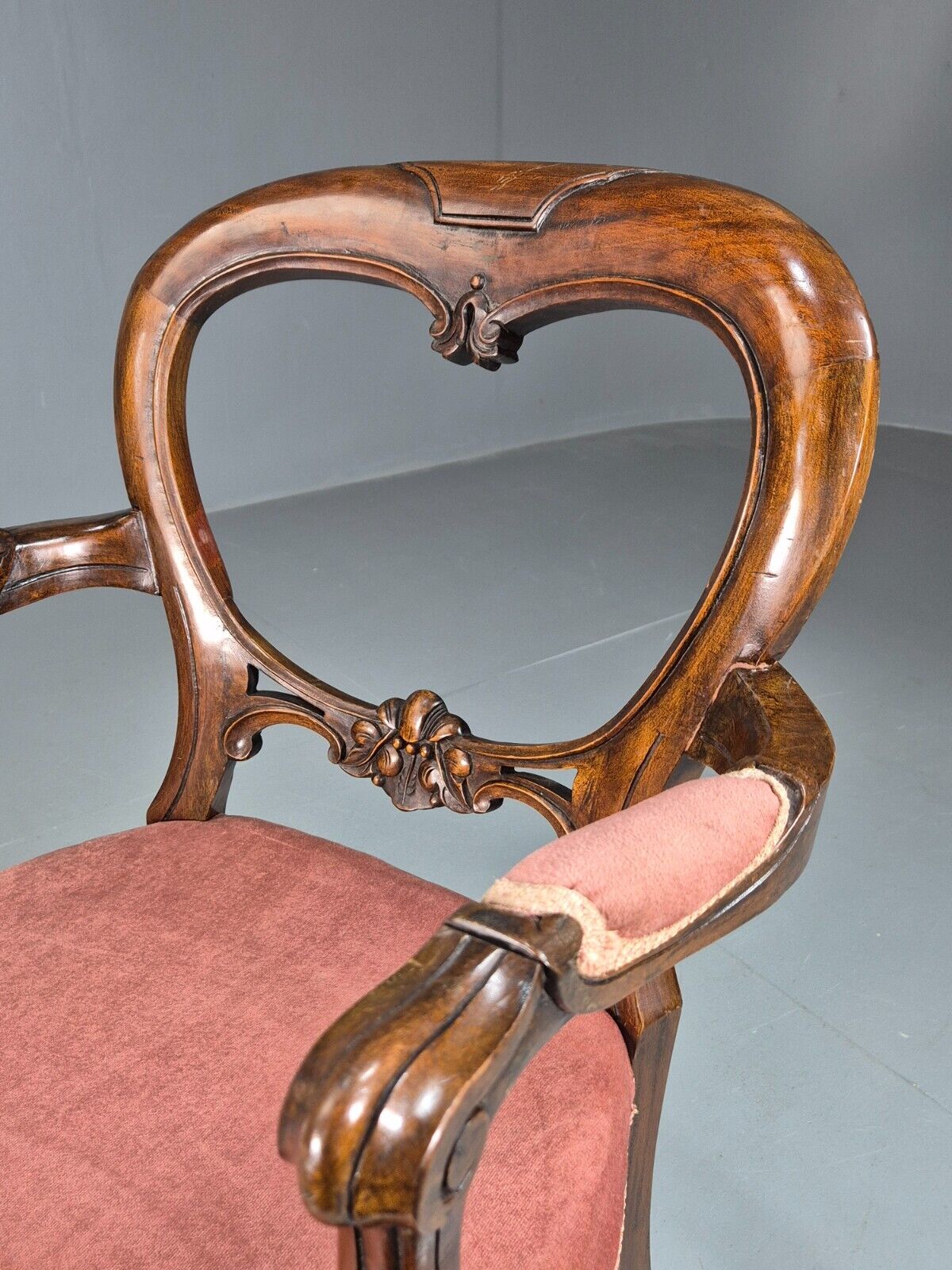 Vintage Elbow Chair Pink Velour Mahogany Frame Balloon Back Antique EB7861 VCAR