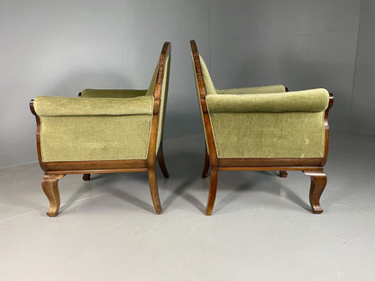 EB6659 2 Vintage Danish Lounge Chairs Green Velour Mahogany Antique Empire VCLO