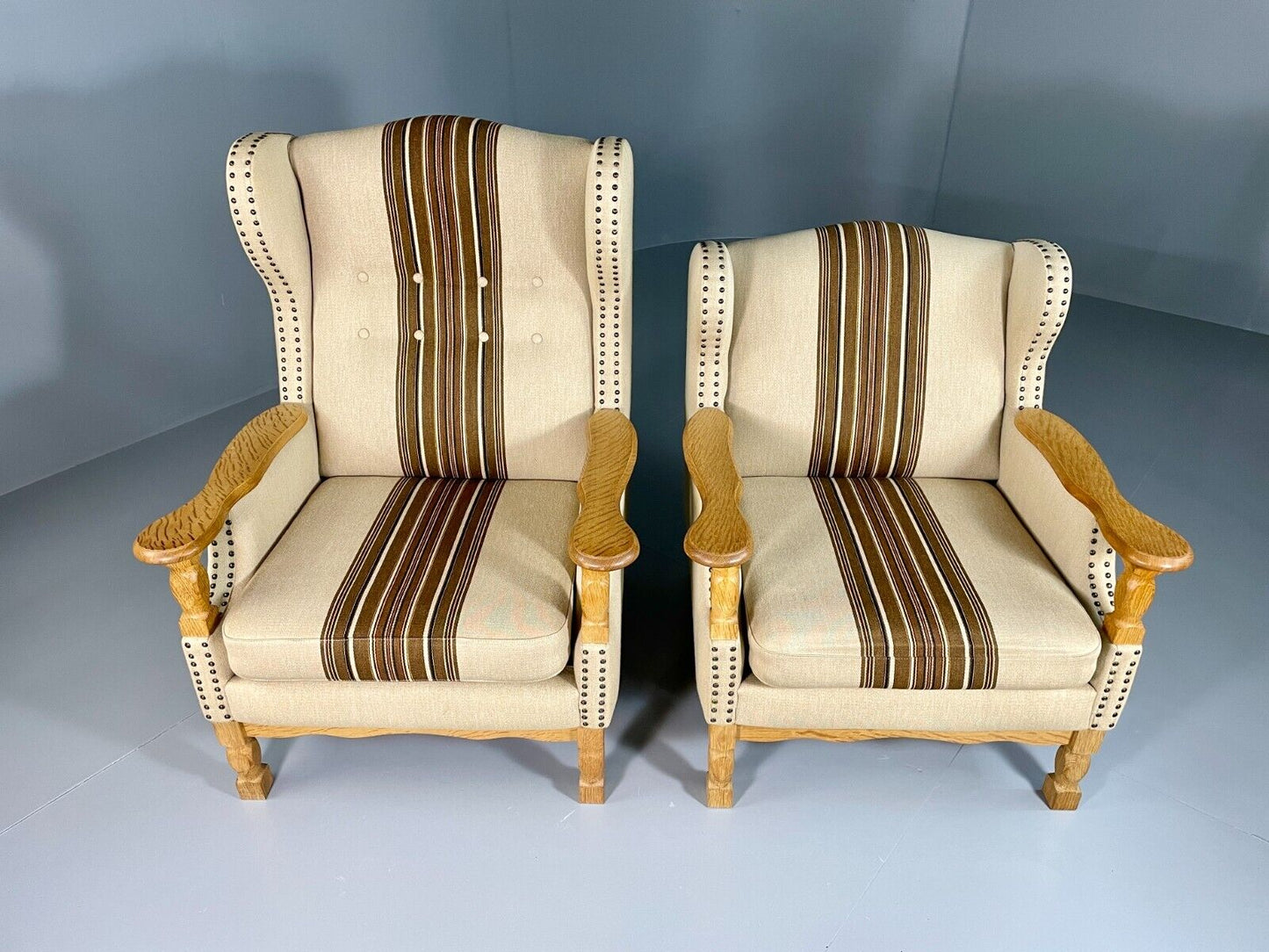 EB6491 Vintage Danish Pair of Armchairs Oak Frame Cream and Brown Fabric VCLO