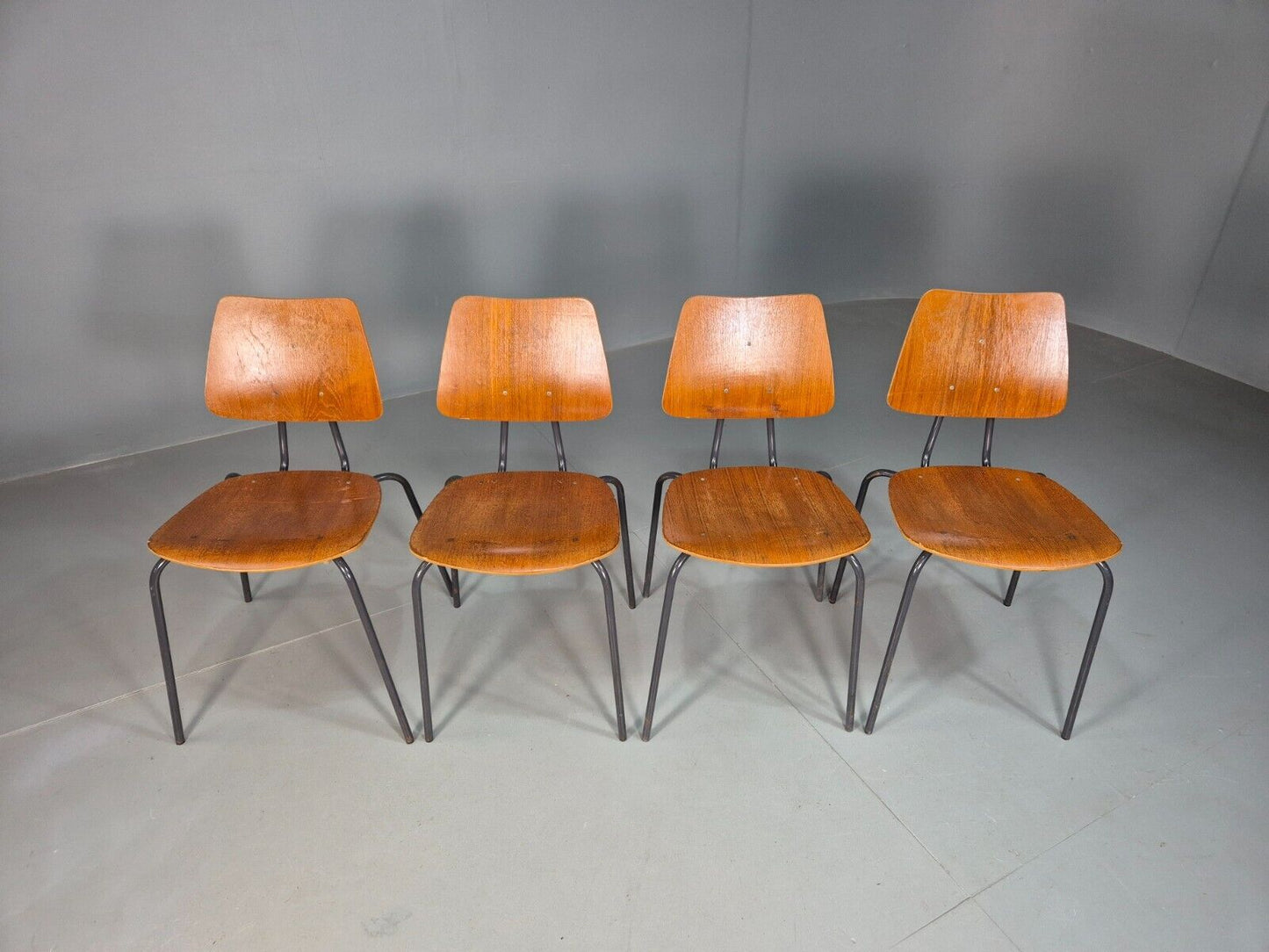 4 Vintage Danish Stacking Chairs Teak Plywood Steel Frame 1960 Retro EB8366 MSTA