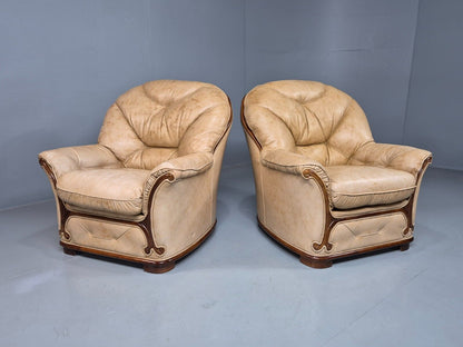 2 Vintage Danish Lounge Chairs Beige Leather Wood Trim 1990s BeEB8287 VLEA