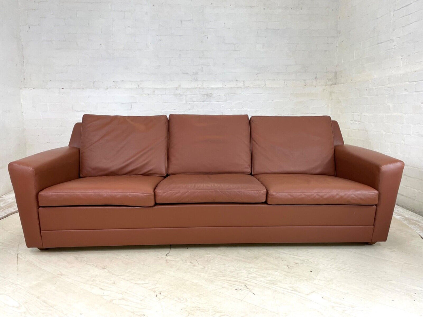 EB4300 Danish Tan Leather 1970s Sofa. Oak Sled Base, Vintage, Retro, MCM. M3SS