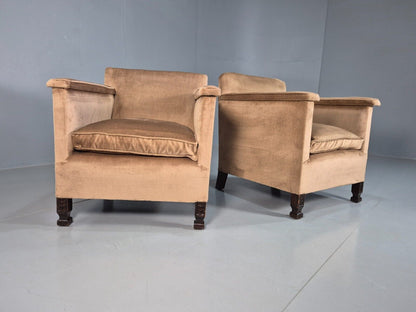 2 Vintage Lounge Chairs, Beige Velour 1940s Art Deco Antique EB8382 VCLO