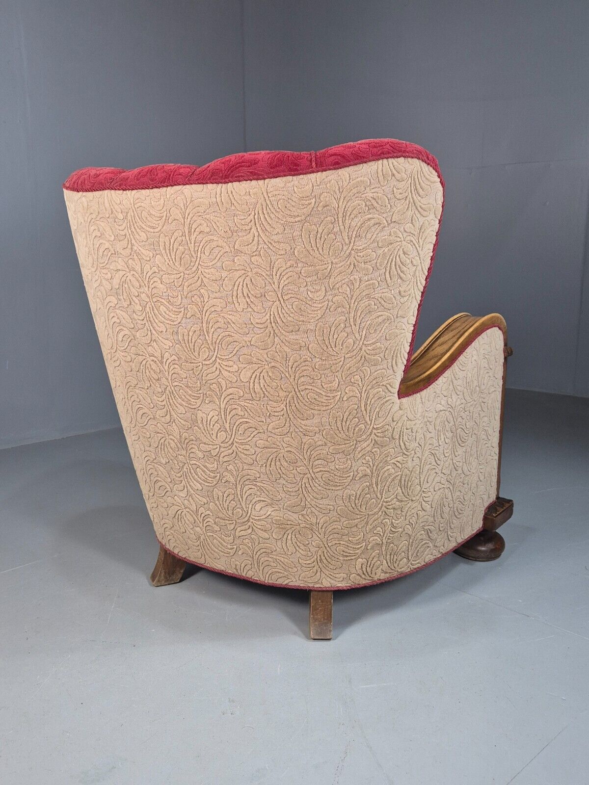 Vintage Danish Lounge Chair Red Moquette Oak Shell Back Antique 1930 EB8280 VCLO