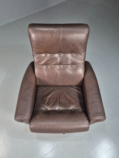 Vintage Danish Swivel Chair Brown Leather 1970s Retro MCM EB7780 MSWI