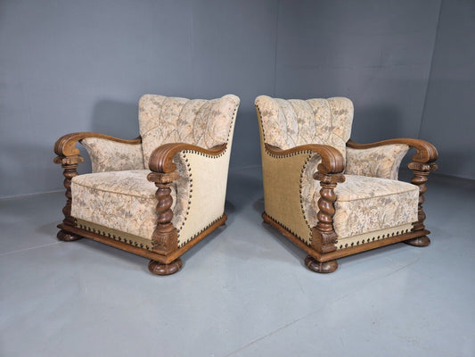 2 Vintage Danish Lounge Chair Floral Cotton Oak Detailing Antique Deco 1920 VCLO