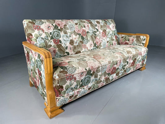 EB6576 Vintage Danish 3 Seat Sofa Floral Cotton Oak Frame Art Deco Antique V3SS