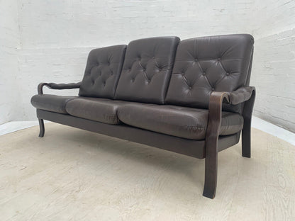 EB3459 Danish Stained Beech, Dark Brown Leather & Vinyl Three-Seater Sofa M3SS