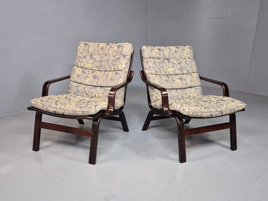 2 Vintage Danish Lounge Chairs Blue Floral Bentwood Retro 1980s MCM  EB8337 MBEN