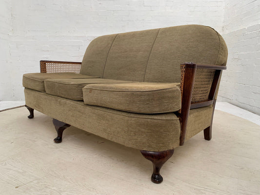 EB3611 Victorian Stained Oak, Bergere & Beige Fabric Sofa Vintage Antique. V3SS