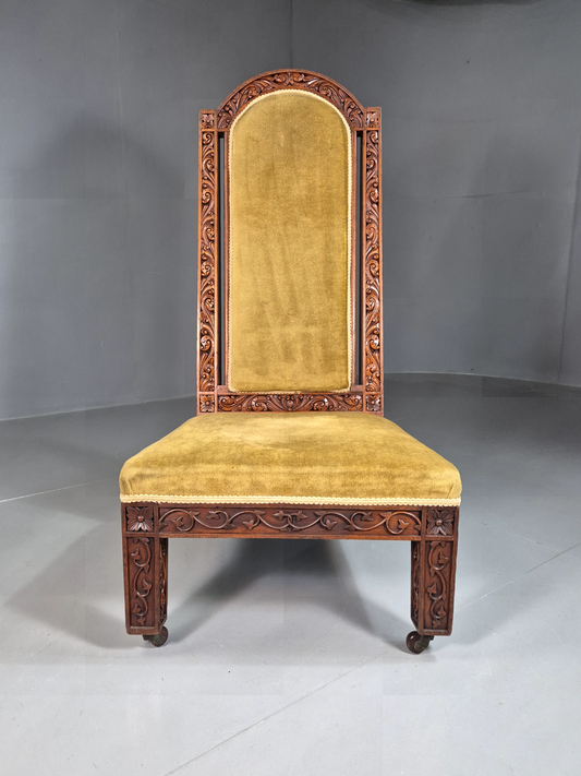 EB7348 Vintage Prayer Chair Carved Oak Gold Velour Antique VCAR