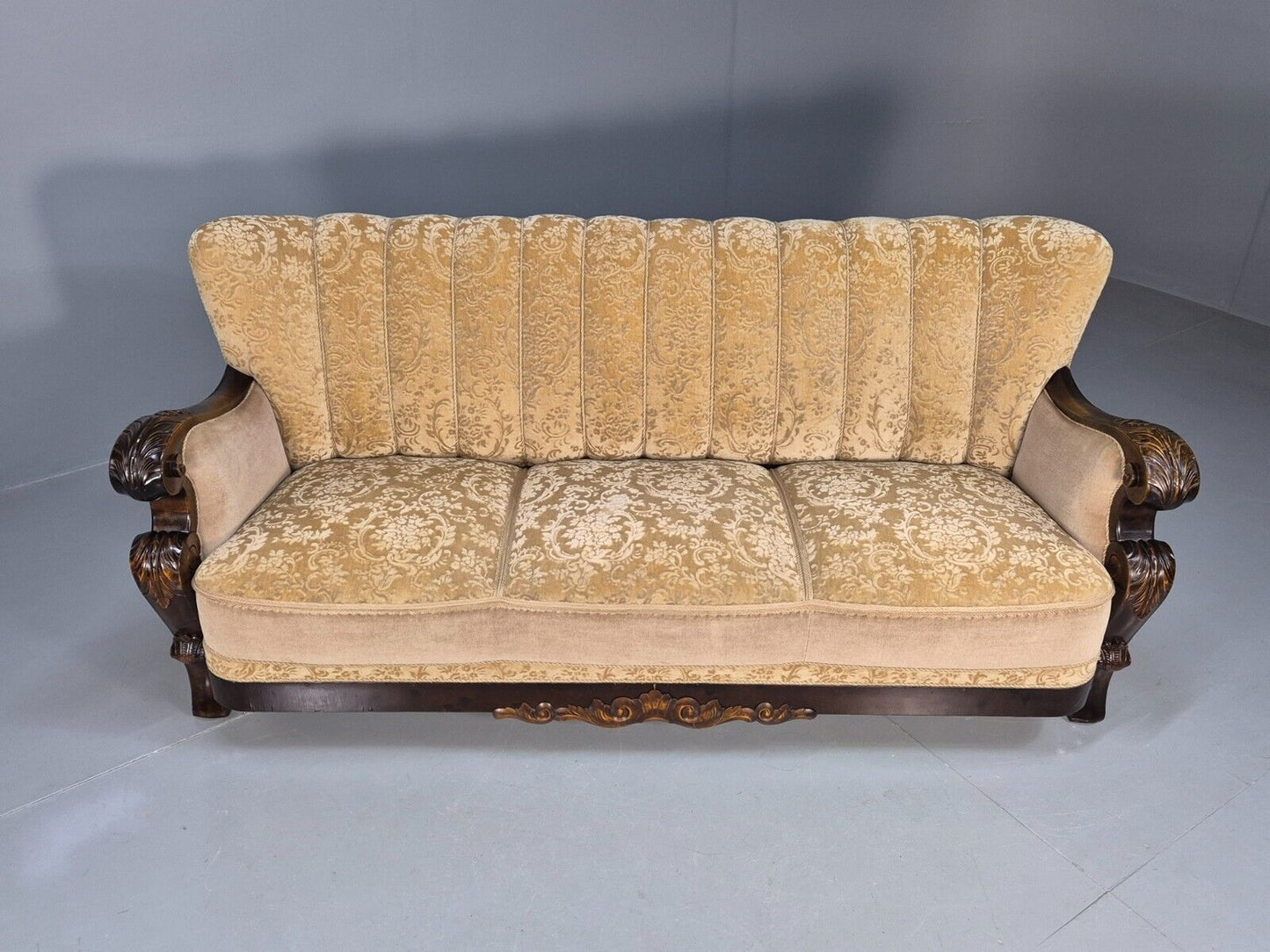 Vintage Danish 3 Seat Sofa Gold Moquette Carved Frame Antique 1920s EB8695 V3SS