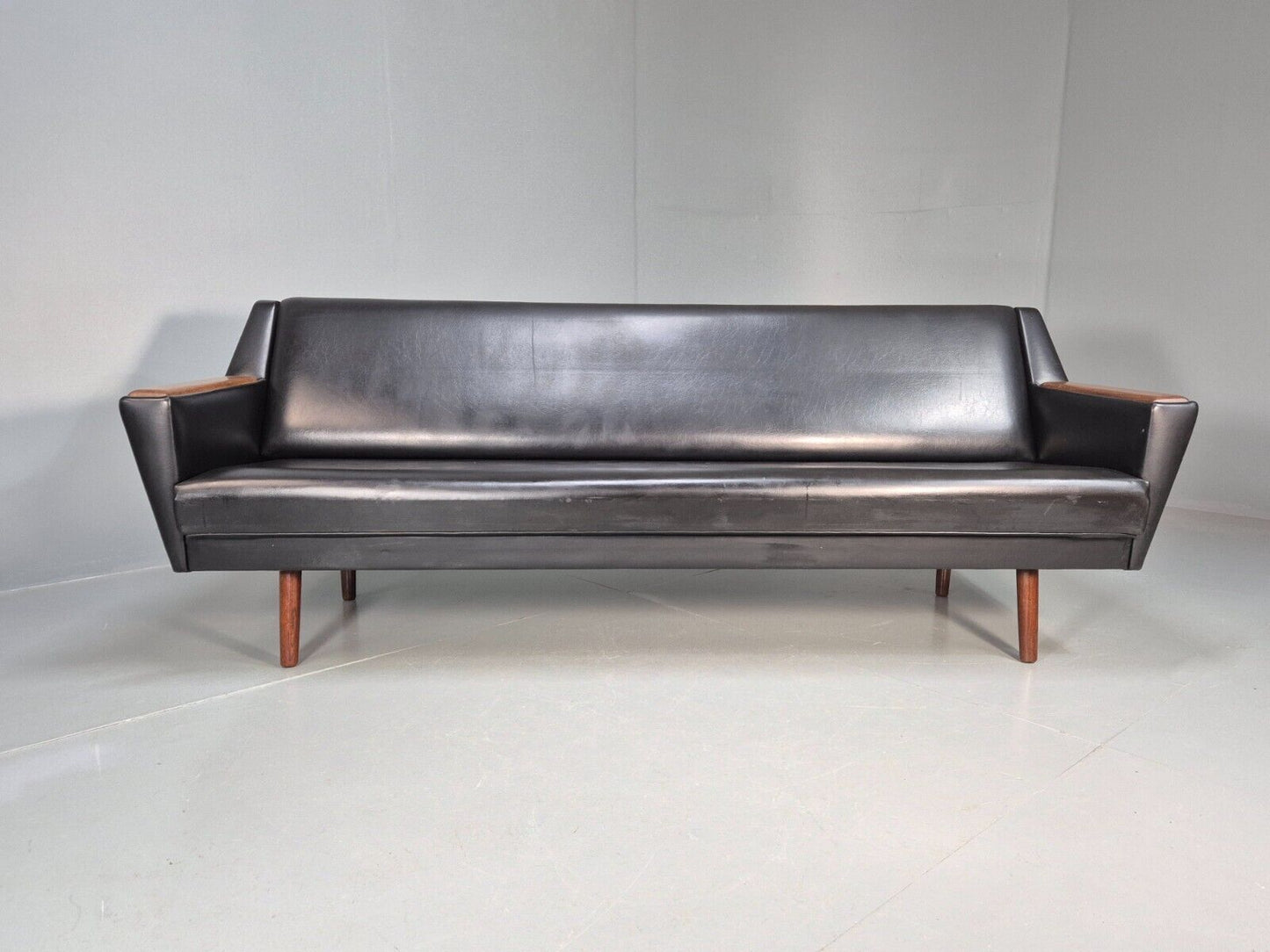 Vintage Danish Sofa Bed Black Vinyl Teak Paws Legs Reupholstery MCM EB7273 M4SS