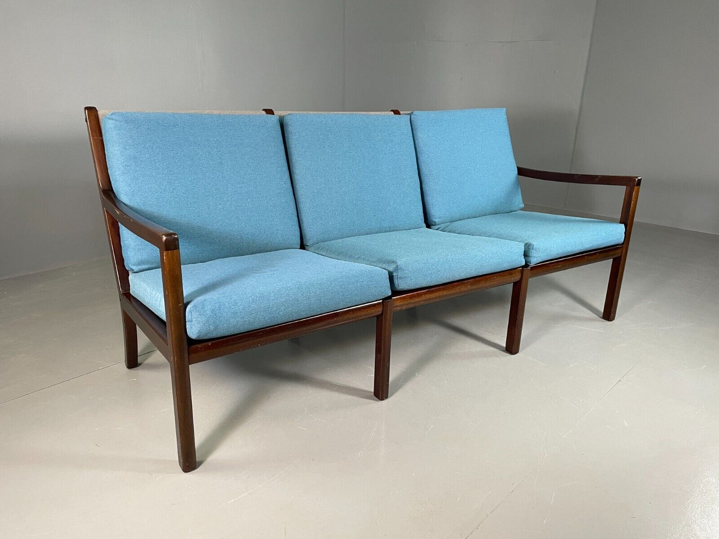 EB6724 Vintage Danish 3 Seat Sofa Blue Mahogany Ole Wanscher MCM Retro M3SS