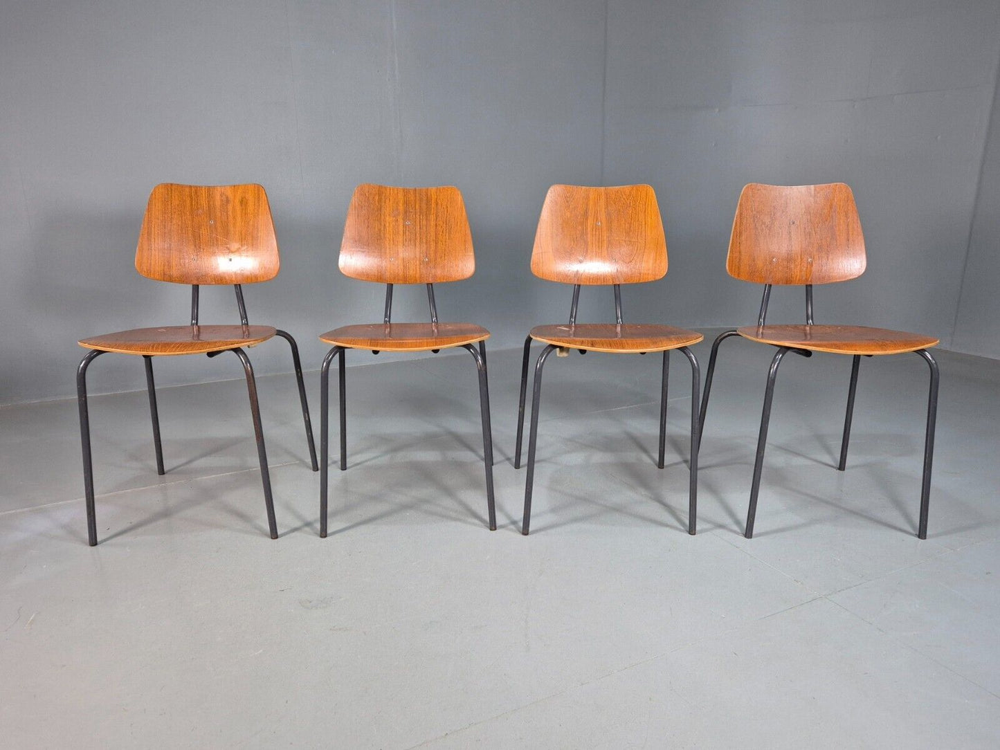 4 Vintage Danish Stacking Chairs Teak Plywood Steel Frame 1960 Retro EB8376 MSTA